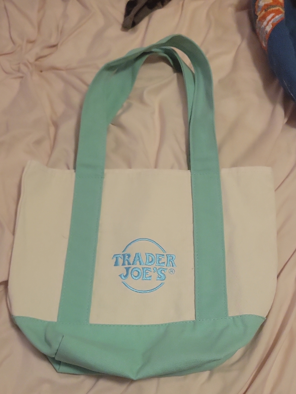 Trader Joe's Cream and Mint Canvas Tote Bag